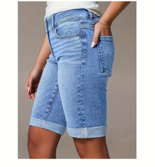 Women'S 2026 Summer New Stretchy High-Waisted Tummy Control Denim Shorts, Light Blue Washed with Pockets Slim-Fit Cuffed Casual Shorts, Comfortable Spring/Summer Ladies' Jeans Pants for Travel And Work - Boyfriend-Style Shorts