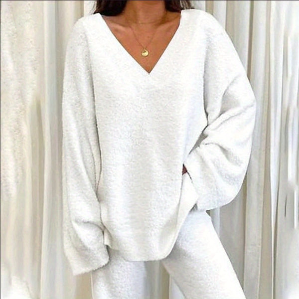 Women'S Winter Cozy Solid Color V-Neck 2pcs Casual Set - Soft Warm Outfits for Home Relaxation, Weekend Streaming & Cozy Friend Gatherings, Lounge Set, Casual Wear, Relaxed Fit, Vneck Design, Breathable Material, Comfortable Fabric, Twopiece Outfit, Women