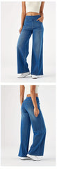 ' High Waisted Wide Jeans - Stretchy Pants with Multiple Pockets, -Washed - Casual Trousers for Jeanswear & Layering (Wide-Waisted Fit)