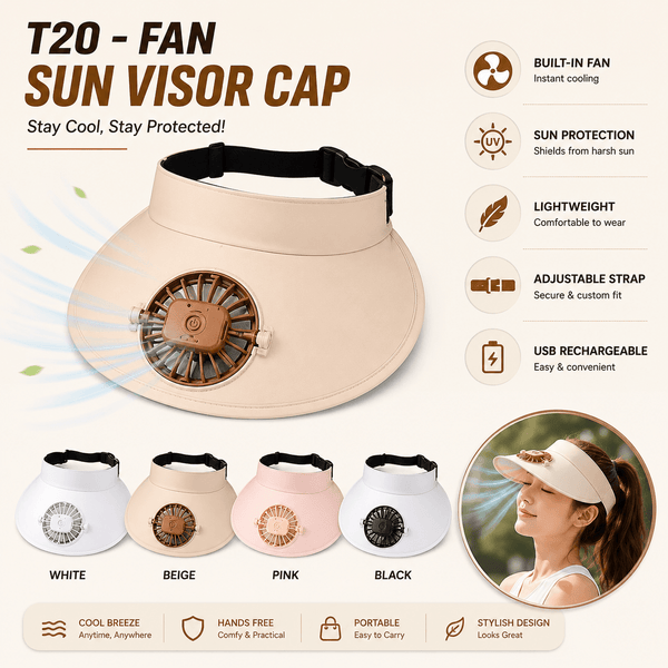 USB Rechargeable Summer Hat with Built In Fan, Lightweight Wide Brim Sun Visor Cooling Cap for Outdoor Travel, Beach and Daily Use