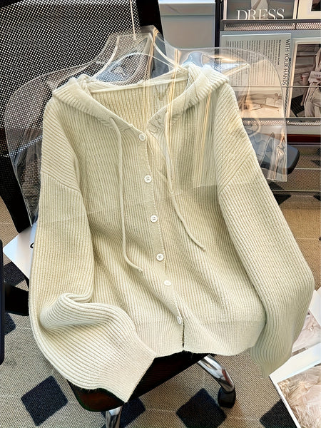 Hooded Button Sweater Cardigan, Spring Autumn Solid Color Casual Simple Open Front Soft Comfortable Elegant Women's Wear