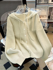Hooded Button Sweater Cardigan, Spring Autumn Solid Color Casual Simple Open Front Soft Comfortable Elegant Women's Wear
