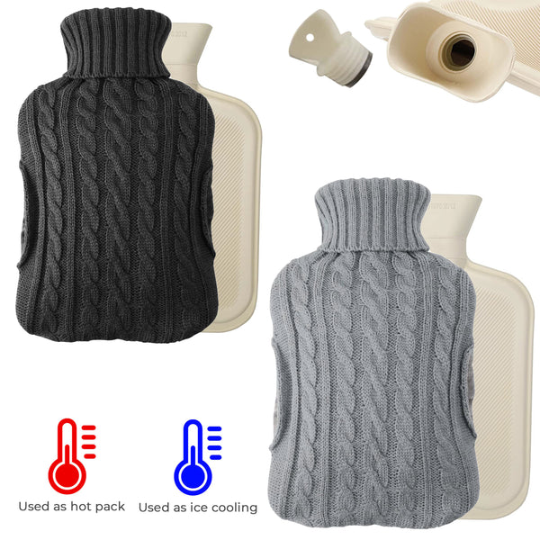 2L Hot Water Bottle with Built in Pockets & Knitted Cover Bag - Natural Rubber, Hot Water Bag for Hot and Cold Compress, Neck and Shoulder Pain – Hand Feet Warmer