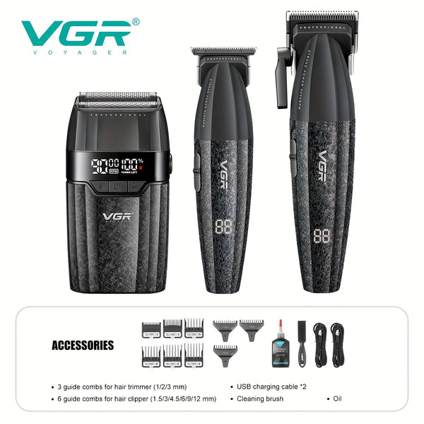The VGR Men'S Electric Hair Clipper And Trimmer Set Features Interchangeable Ceramic Blades, Operates at High Speeds with 9000 RPM, Includes a Professional Hair Clipper with an LCD Display