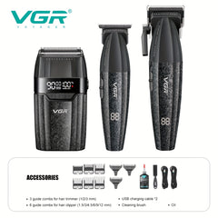 The VGR Men'S Electric Hair Clipper And Trimmer Set Features Interchangeable Ceramic Blades, Operates at High Speeds with 9000 RPM, Includes a Professional Hair Clipper with an LCD Display