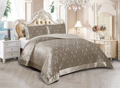 3 Piece Velvet Quilted Bedspread Set Jacquard Damask Bed Cover with Pillow Shams | Luxury Soft Polyester Bedspread for Double King Super King Beds | Modern Elegant Bedroom Bedding Set