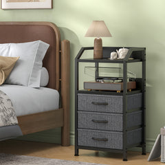 Modern Black Fabric Drawer Nightstand with Open Shelves - Engineered Wood & Metal Frame, 3 Drawers & Open Shelf, Compact 68.58cm Height, 3, 2 Cu Ft Storage, Easy Assembly for Bedroom, Living Room, Dorm, Office, Bedroom Storage, Contemporary Design, Sturdy