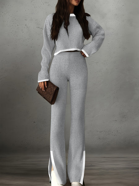 Women'S Short Color-Blocked Long-Sleeve Top with Solid Color Pants, a Casual And Stylish Outfit for Christmas