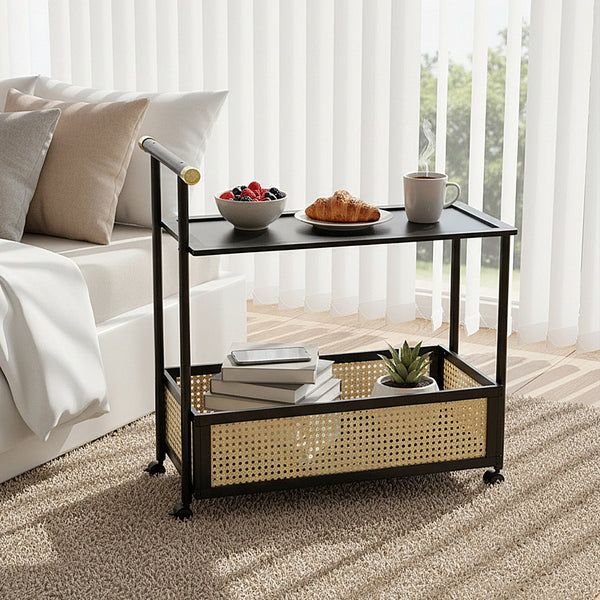 Movable sofa side table, large capacity, 50x30x70cm, double-layer design for living room and kitchen organization, versatile wicker-pattern storage basket, rolling side table, bedroom bedside storage side table, ideal for living rooms, bedrooms, and famil