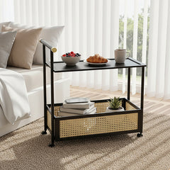 Movable sofa side table, large capacity, 50x30x70cm, double-layer design for living room and kitchen organization, versatile wicker-pattern storage basket, rolling side table, bedroom bedside storage side table, ideal for living rooms, bedrooms, and famil
