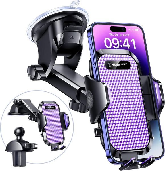 VANMASS 【New Upgrade BEST】 Car Phone Holder 【Ultimate Version True Military-Grade】 Mobile Cell Mount Windscreen Dashboard Vent Van Automobile Cradle for Iphone 16 15 14 13 Samsung All Smartphones