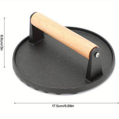 Round 7 Inch Cast Iron Grill Press with Wooden Handle - Heavy-Duty Burger Weight Press for Kitchen Use