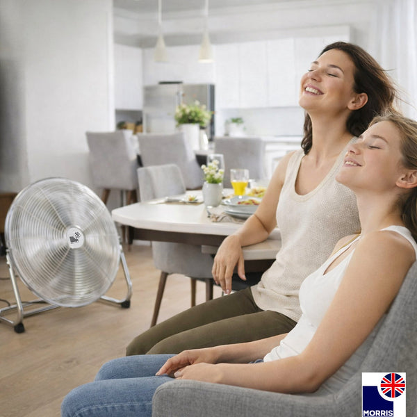 Morris Floor Fan 12 Inch Strong Airflow 3 Speeds Aluminium Blades Tilt Head 135° Portable Compact Fan for Bedroom Office Home Silver