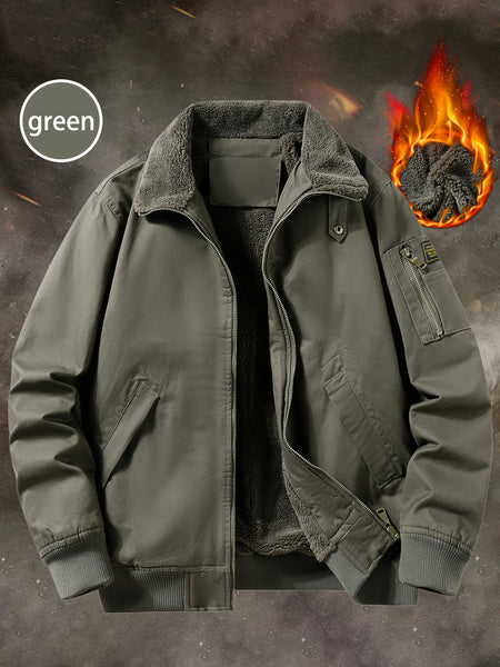 Men'S Fleece Lined Utility Jacket, Winter Outdoor Windproof Coat Warm Cold Weather Gear, Casual Athletic Trench Coat, Comfortable Fleece-Lined Thickened Jacket, Arm Sleeves with Zipper Pockets, Letter Print