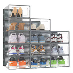 Pack of 12 Stackable Shoe Boxes Shoe Storage Organisers, Sturdy & Durable, Space Saving, Shoe Organizer Containers with Lids for Women/Men, Ideal for Entryway, Closet, Living Room, Bedroom, Office, Dorm, Fit Up To UK Size 9.5, 23x33x14cm