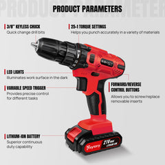 Cordless Drill Driver 21V, Electric Drill Kit with LI-ion Battery, Cordless Combi Screwdriver 25+1 Torque, 45N.m Max, 32pcs Accessory, 2 Variable Speed, LED Light for Home and Garden DIY Project 3/8