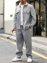 Men'S Fall Workwear Buttoned Casual Cardigan for Daily Wear, Sports Collar Outerwear, Top Matched with Casual Trousers, Two-Piece Set
