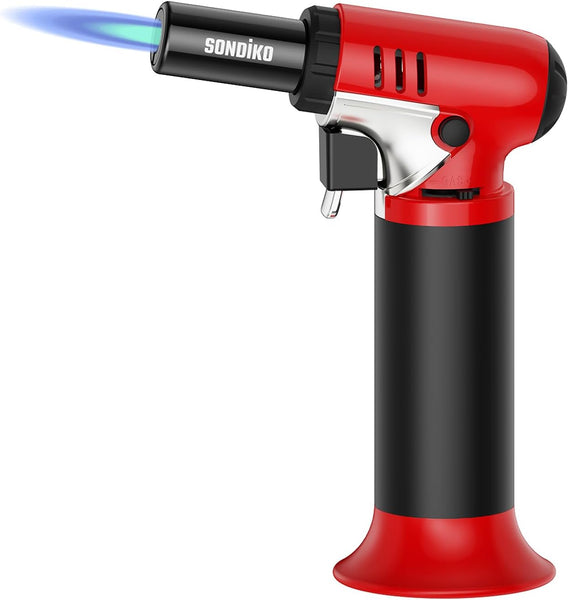 Sondiko Kitchen Blow Torch with Fuel Gauge S907, Refillable Soldering Torch Lighter with Safety Lock and Adjustable Flame for Desserts, Creme Brulee, Welding, Industrial (Butane Not Included)