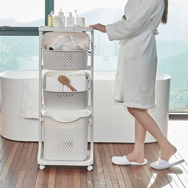 1pc, White Triple Layered, Bathroom Dirty Clothes Sorting Storage Basket, Household Multi-Purpose Laundry Changing Storage Basket, Fruit And Vegetable Snack Toy Storage Basket, Large Capacity to Save Space, with 4 Swivel Wheels, Smooth And Flexible Moveme