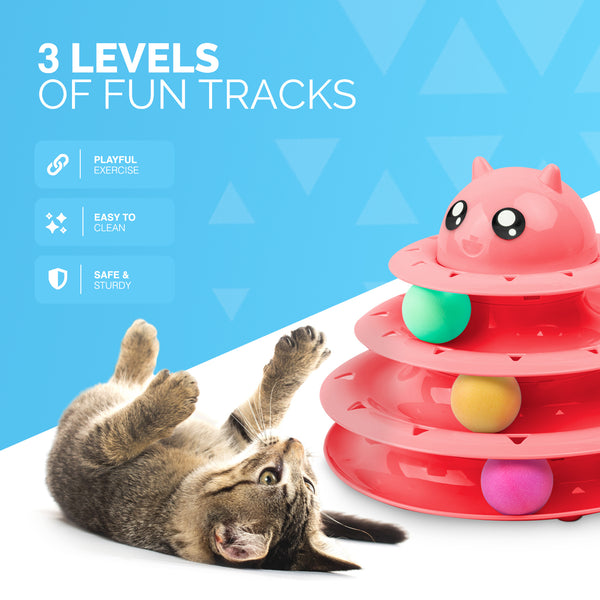 FurDreams Cat Roller Ball Toy Interactive - 3 Tier Tower Fun Cat Ball Track Toy, 3 Level Pet Teaser Toy for Interactive Play, Kitten Fun Puzzle Toy for Exercise & Stimulation