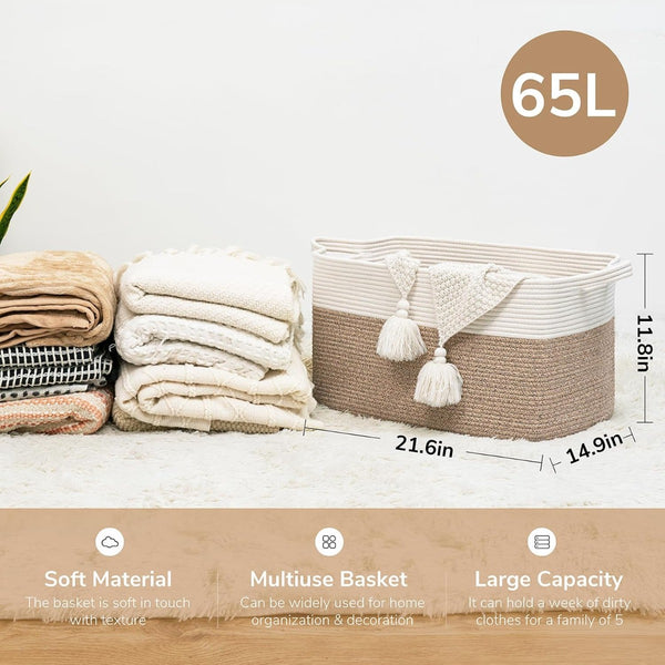 65L Large Storage Basket Blanket Baskets in Living Room, Nursery, Bedroom, Cotton Rope Baskets for Towels, Books, Toys, Dirty Clothes, Baby Storage Organiser, Grey, 65L