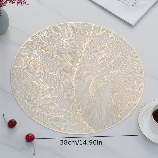 6-Pack Premium Round PVC Placemats, Elegant Gold Leaf Design, Table Protector & Easy-Clean Minimalist Mats