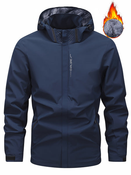 Men's Winter Fleece-Lined Hooded Jacket, with Letter Print for Outdoor Sports & Travel