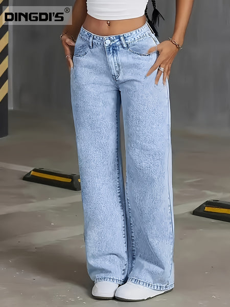 Women's New Fashion Stretchy Straight Jeans, Loose Comfort Fit Wide Leg Jeans, Acid Washed Light Blue Denim Trousers with Pockets, Elegant Women's Clothing, High Waisted Tummy Control Pantalones. Baggy Casual Pants for Travel, Work and Office Wear.