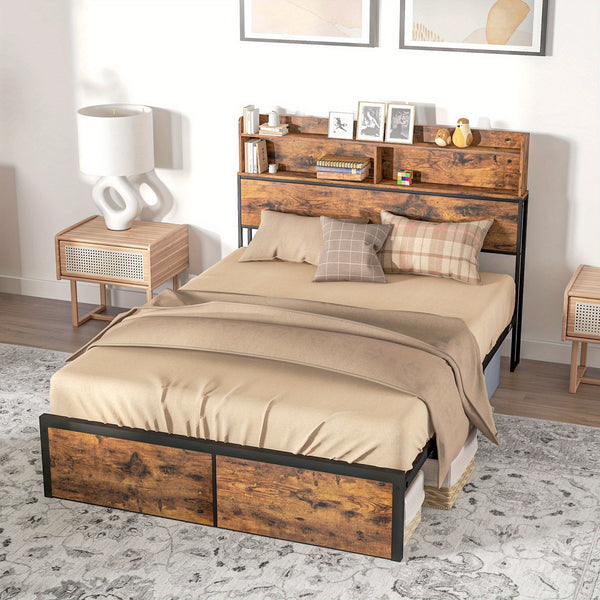 Industrial Double Bed Frame, 4. 8FT Steel Bed Base with Storage Headboard, Footboard, Slatted Support and Under Bed Storage, 145 x 209cm, Rustic Brown