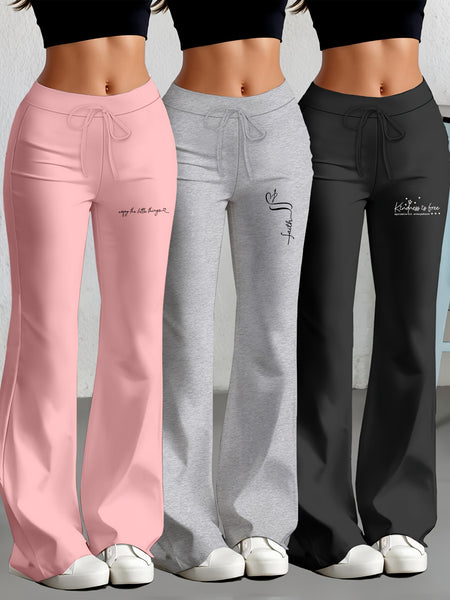 European and American Spring/Summer New Fashion Women's Bottoms: Flared Straight-Leg Pants with Classic English Text Print, Daily Casual Butt-Lifting Peach Butt Long Pants, Three-Piece Set