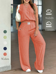 Women'S Solid Color Loose Sleeveless Crew Neck Wide Leg Pants Set 2pcs, Summer Casual And Energetic Cow Color Elastic Waist Straight Leg Pants Set, Summer Comfortable Informal Clothing Set