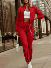 Cross-Border Women'S Two-Piece Set Zipper Long-Sleeved Top Pants Stitching Zipper Design Casual Suit