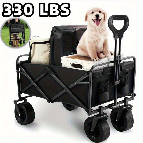 Large Heavy- Duty Folding Wagon- with All- Terrain Wheels, Utility Grocery Wagon, with Two Side, Sturdy Construction, Rolling Storage Cart for Camping, Shopping, Gardening & Outdoor Activities 70.1x39.12x44.96cm