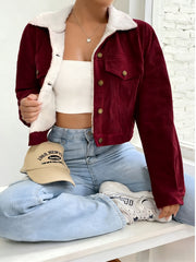 Women'S Short Corduroy And Lamb Jacket for Autumn And Winter, Featuring a Fleece Collar, Versatile Korean-Style Warm Top