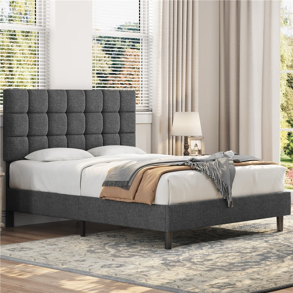 Costoffs Upholstered Bed Frame, Fabric Bed Frame with Fabric Headboard, Modern Platform Bed Frame with Strong Wooden Slats, Support and Square Tufted Headboard Height Adjustable, Double/King, Dark Gray/Light Gray/Beige