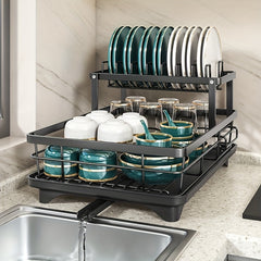2 Tier Foldable Dish Rack - Large Capacity Space-Saving Black Iron Kitchen Storage Box for Cutlery, Pots, Pans & Utensils with Drainage System, Sturdy Countertop Cabinet, Dishwasher
