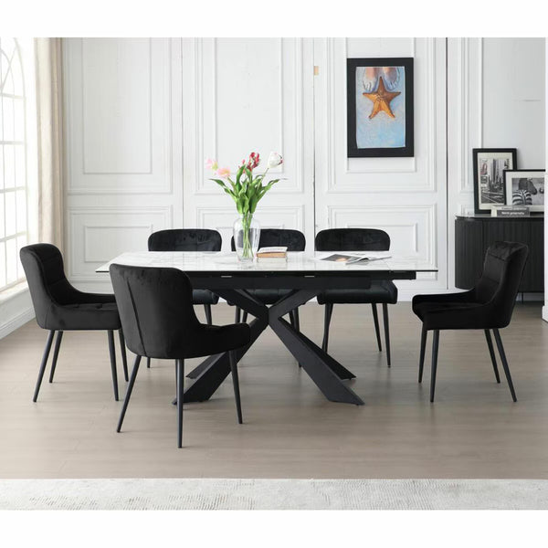 Indus Valley Kia Ceramic Extending Dining Table + 6 Black Chairs, Seats 6-8