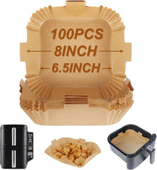 BYKITCHEN Air Fryer Parchment Paper Liner, 50PCS Square Air Fryer Liners Disposable, Greaseproof Paper, Compatible with COSORI, Ninja, Tefal, Russell Hobbs Fryers (Unbleached)