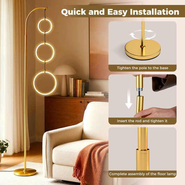 DORTALA 3-Circle LED Floor Lamp | Foot Pedal Switch, 3 Color Temperatures, Metal End, Matte, Modern Style, Plug Powered, British Specification Plug