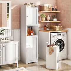 GYMAX 170 CM Bathroom Cabinet, Tall & Slim Linen Tower with Storage, Adjustable Shelf, Laundry Bag with Long & Short Handles, Open Shelf, Freestanding Laundry Cabinet, White