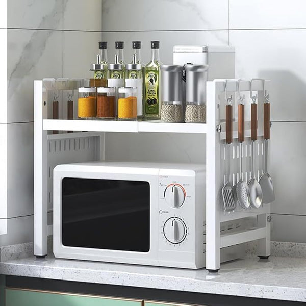 QuickTurn Expandable Microwave Oven Rack Kitchen Countertop Over Microwave Stand Shelf Unit White 2 Tier Space Saving Standing Baker'S Racks for Air Fryer