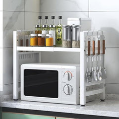 QuickTurn Expandable Microwave Oven Rack Kitchen Countertop Over Microwave Stand Shelf Unit White 2 Tier Space Saving Standing Baker'S Racks for Air Fryer