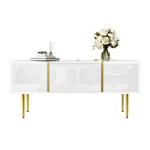 Marble Patterned Countertop Coffee Table with Gold Lines Rectangular Side Table, 2 Drawers, Modern Living Room Coffee Table
