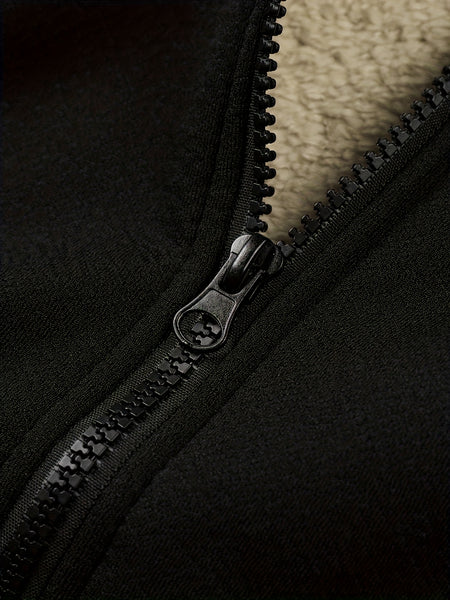 Men's Casual Zip-Up Hooded Jacket with Letter Print, Black & Beige Contrast, Regular Fit, Machine Washable, Front Pockets for Outdoor & Casual Attire