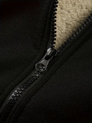 Men's Casual Zip-Up Hooded Jacket with Letter Print, Black & Beige Contrast, Regular Fit, Machine Washable, Front Pockets for Outdoor & Casual Attire