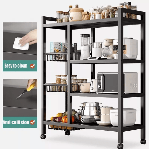 Four-Tier Robust Fruit Storage Rack for The Kitchen, Featuring Detachable Baskets on Wheels, Designed for Organizing Fruits And Vegetables in Indoor Kitchen Spaces
