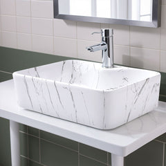 Rectangle Vessel Sink with Faucet Hole, Marble Effect Ceramic Countertop Bathroom Washbasin, Cloakroom Vanity Surface Mounted Ceramic Sink Vessel Washbasin with Pop Up Waste Drainer, Large Basin Sink for Lavatory, Bathroom, Vanity Unit, White Gloss, 480x3