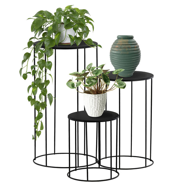 GEEZY Plant Stands Indoor, Set of 3 - Black Round Metal Flower Pot Stand, Aesthetically Pleasing Modern Planter Holders & Decorative Display Rack, Living Room Accessories for Home & Office