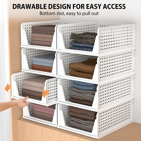 Set of 4 Stackable Foldable Wardrobe Storage Box Organizer, Plastic White Wardrobe Shelves Closet Organiser Box, Pull Out Like a Drawer, Suitable for Home, Bedroom, Kitchen (Easy Open and Folding)
