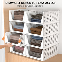 Set of 4 Stackable Foldable Wardrobe Storage Box Organizer, Plastic White Wardrobe Shelves Closet Organiser Box, Pull Out Like a Drawer, Suitable for Home, Bedroom, Kitchen (Easy Open and Folding)